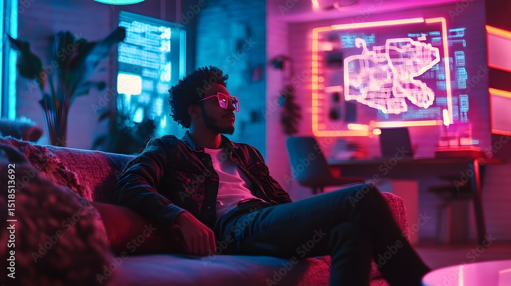 Naklejka premium Futuristic Interior with a Person: A man immersed in a world of innovation, surrounded by sleek technology and vibrant neon lighting, embodying the essence of futuristic living.