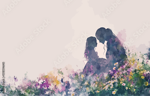 A silhouette of a mother and daughter sharing a tender moment in a colorful flower field.