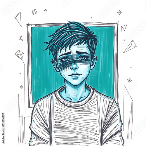 Melancholic Youth Portrait in Hand-Drawn Teal Sketch with Textured Pencil Strokes and Digital Distortion