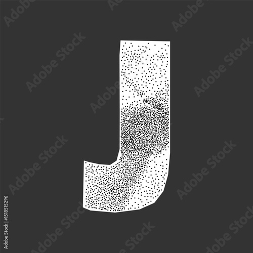 Jagged ransom note style letter J with wrinkled paper look. Gritty halftone surface, collage font with a school cutout vibe.