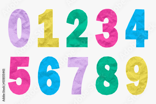 Cute colorful number set in playful collage style. Bright rainbow digits with crumpled paper texture, jagged torn edges, cartoon ransom note look, fun and cheerful mood.