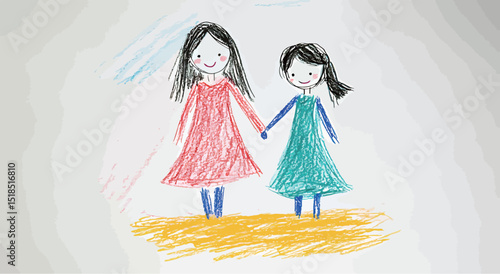 Two cheerful girls holding hands, depicted in a colorful child-like drawing.