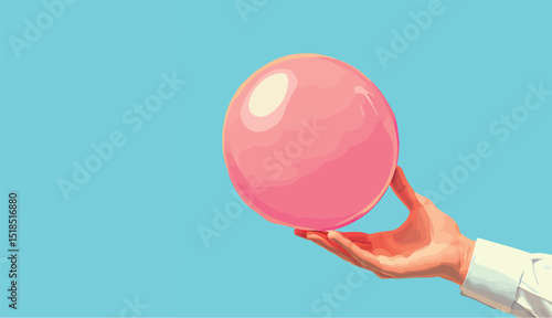 A hand elegantly holds a glossy pink sphere against a bright blue background.