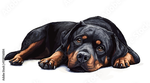A relaxed Rottweiler lying down, showcasing its calm demeanor and distinctive markings.