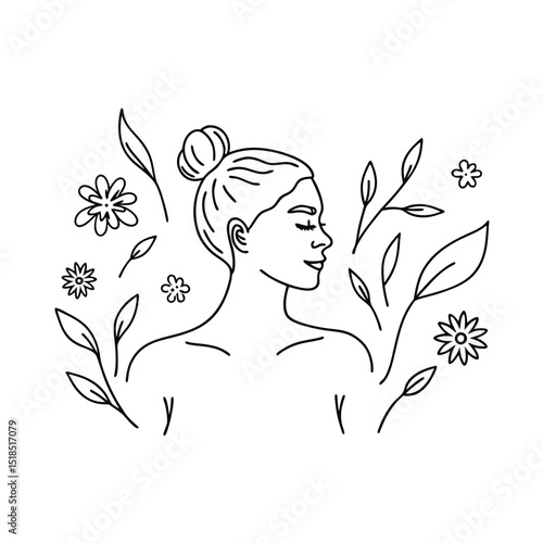 Elegant line art illustration of a woman with flowers and botanical elements