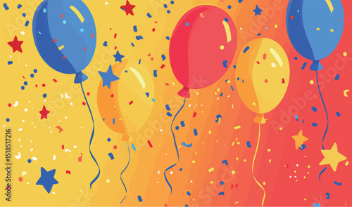 Colorful balloons celebrate a joyful occasion with confetti on a vibrant background.