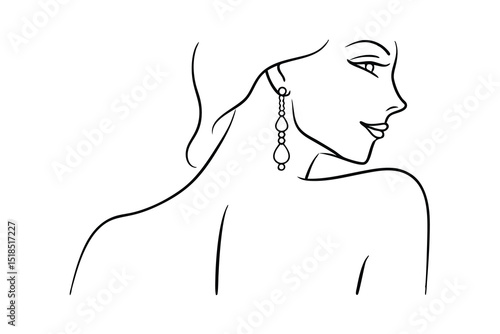Elegant line art portrait of a woman wearing long dangling earrings smiling