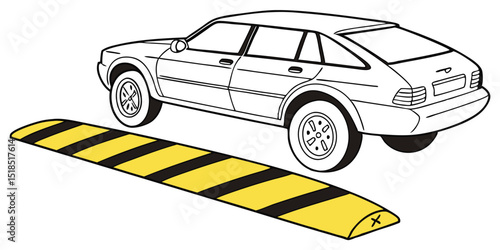 Car Approaching Speed Bump Illustration In Black Outline And Yellow Stripes