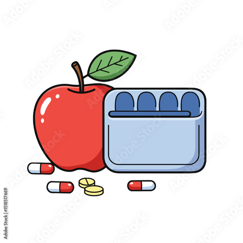 Red apple beside pill organizer and capsules on white background  