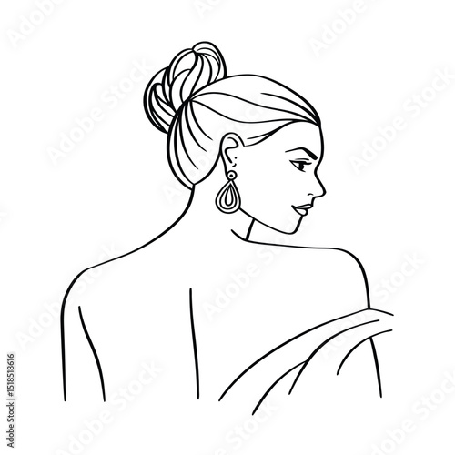 Elegant black and white line art illustration of a woman with a high bun and earrings