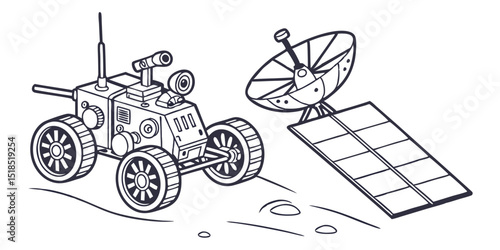 Cartoon Mars Rover And Solar Panel Line Art Illustration Design