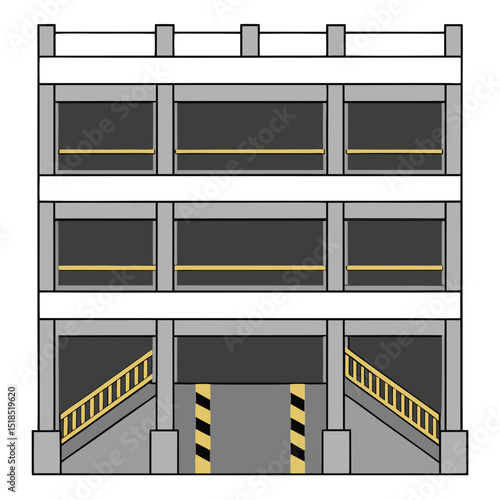Cartoon Multistory Parking Garage Facade Illustration With Stairs And Black Barriers