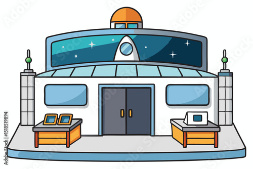 Cartoon Space Museum Illustration With Futuristic Architecture And Starry Night Sky Decor