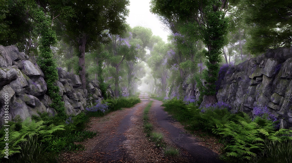 Obraz premium Misty path through a blooming forest
