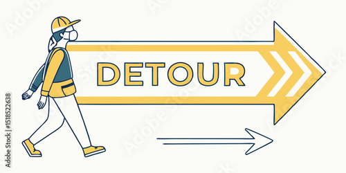 Detour Sign With Worker Wearing Facemask Directing Traffic For Road Safety