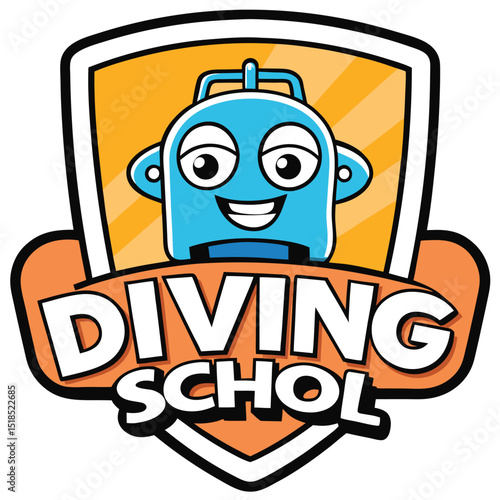 Diving School Logo Design With Cartoon Scuba Tank Character Illustration Vector