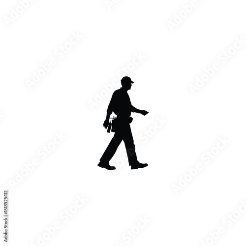 Silhouette of a worker walking with toolbelt on white background