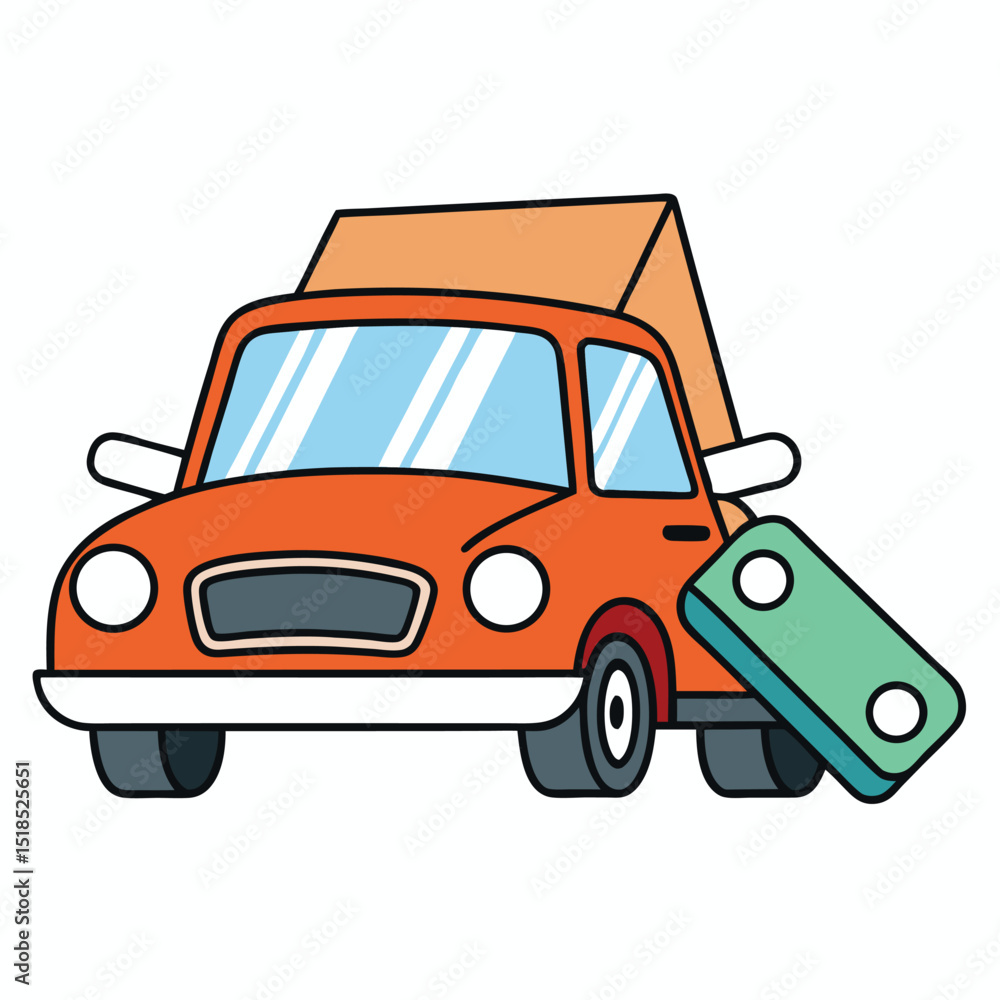 Naklejka premium Orange Cartoon Delivery Car With Package And Suitcase Illustration