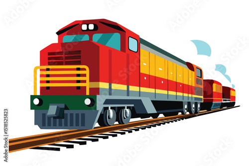 Red And Yellow Diesel Electric Locomotive Train On Tracks Vector Illustration