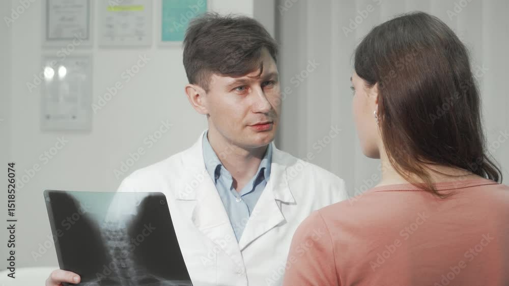 Mature doctor examining spinal x-ray of a female patient Mature doctor examining spinal x-ray of a female patient
