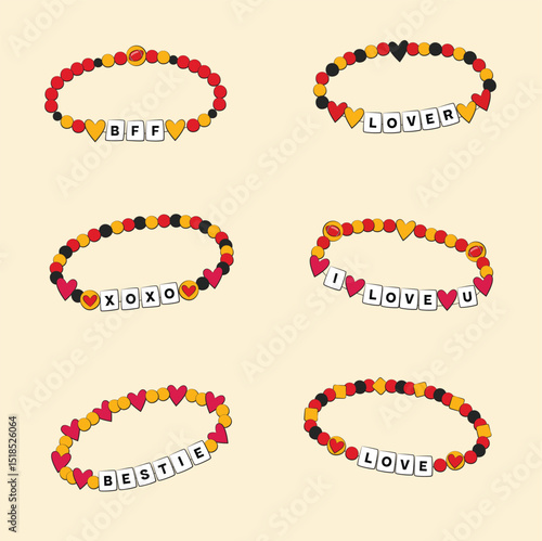Football themed friendship bracelet collection. Set of vector red, yellow, and black football bff bracelets inspired hand drawn vector illustrations 