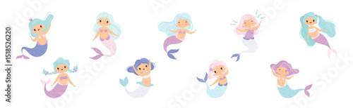 Cute Mermaid Girl with Wavy Hair and Fish Tail Vector Set