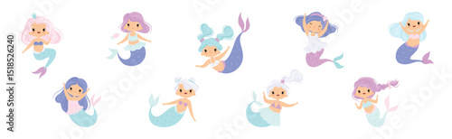 Cute Mermaid Girl with Wavy Hair and Fish Tail Vector Set