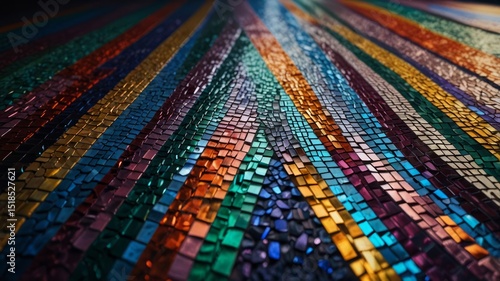 Hypnotic mosaic design with shimmering rainbow hues and reflections.