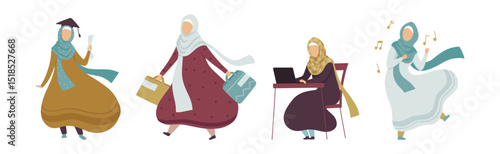 Arabic Muslim Woman Character in Hijab Engaged in Different Activities Vector Set