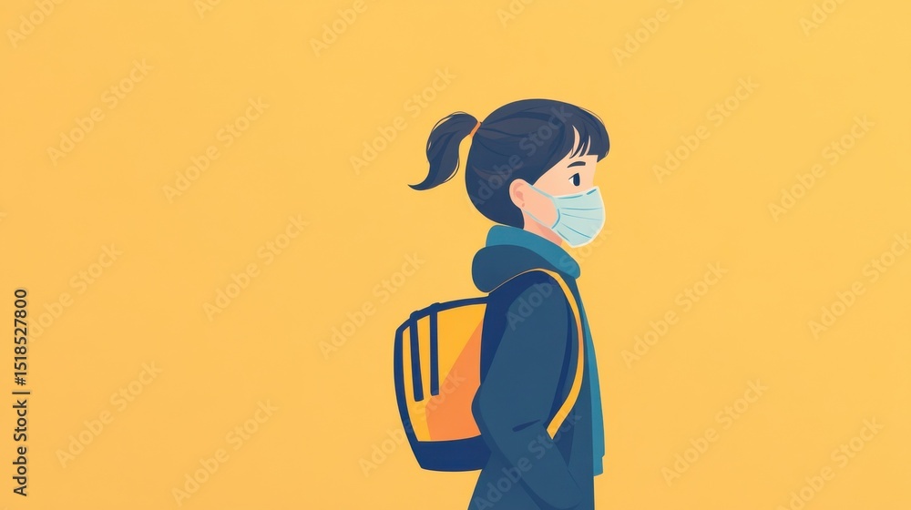 Child with face mask back at school after covid-19 quarantine and lockdown. illustration , no logos, no brands Child with face mask back at school after covid-19 quarantine and lockdown. illustration , no logos, no brands