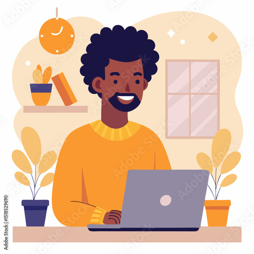 Happy African American Man Working From Home on Laptop