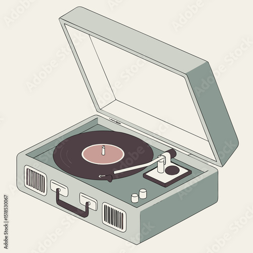 Vintage Portable Record Player with Open Lid and Vinyl Record