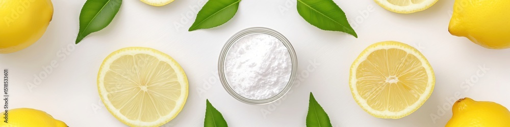 Pile of baking soda near by fresh lemons, non toxic bio cleaner, wide panoramic banner with copy space. Pile of baking soda near by fresh lemons, non toxic bio cleaner, wide panoramic banner with copy space.