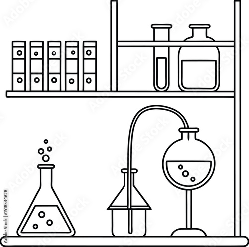 Laboratory equipment illustration showing beakers flasks test tubes and distillation apparatus in outline style