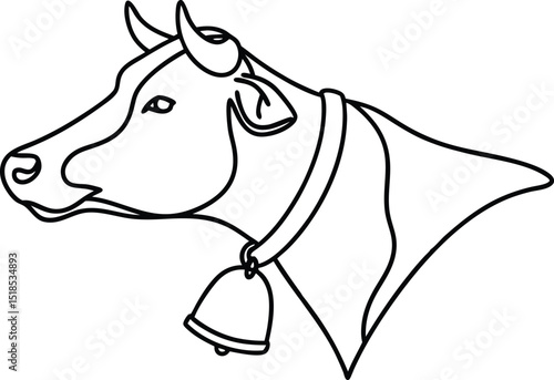 Vector illustration of a cow head profile wearing a bell on a collar
