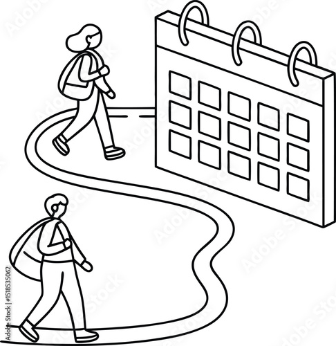 Students walking towards their school days marked on a calendar outline illustration