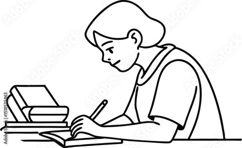 A student focused on studying and writing in a simple black and white illustration