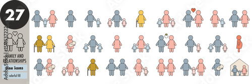 Family and relationships - thin line icons set, colorful fill. Couple, marriage, friends, children, kids, elders, siblings, mother, father, pregnancy, baby, home, brother, sister, vector illustration