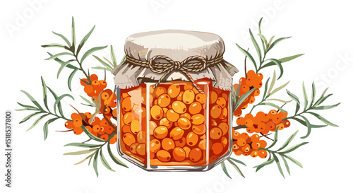 Sea buckthorn jam jar with rustic decor in watercolor style, vibrant orange and green colors, natural homemade food illustration 