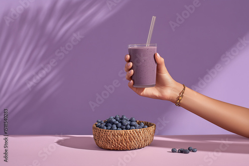 Purple smoothie in a glass tube glass with blueberry on a purple background. Hand holding purple smoothie in glass on purple background.