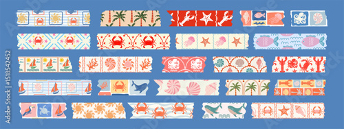 Collection of washi tapes. Colorful strips with marine elements for scrapbooking, sticky labels and decorative tape. Border elements, paper stickers.