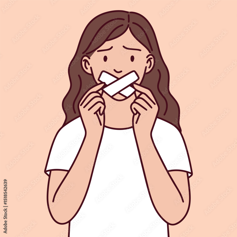 Woman tapes her own mouth closed, expressing emotional repression, fear of speaking up, and inner trauma. Symbol of mental health issues and societal pressure Woman tapes her own mouth closed, expressing emotional repression, fear of speaking up, and inner trauma. Symbol of mental health issues and societal pressure