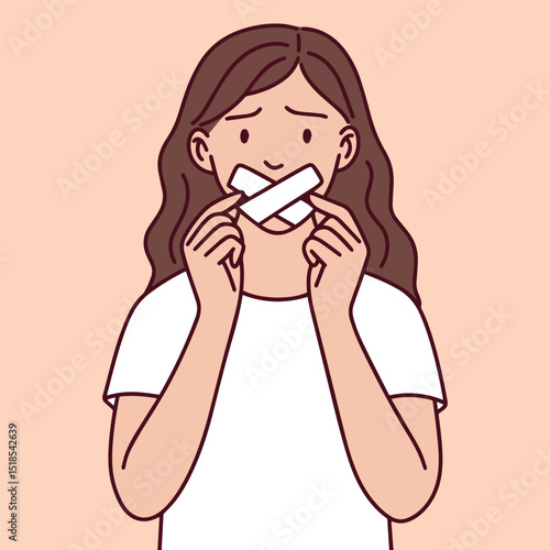 Woman tapes her own mouth closed, expressing emotional repression, fear of speaking up, and inner trauma. Symbol of mental health issues and societal pressure