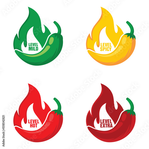 Spicy chili pepper hot fire flame icons. spicy food level icons, mild, medium and extra hot pepper sauce fire flame vector template