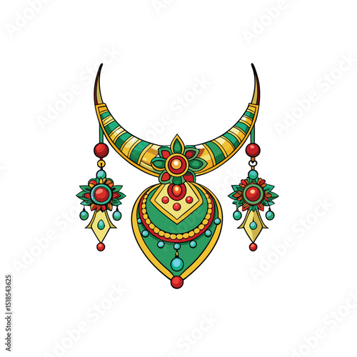 Luxury necklace vector with decorative gemstones and ethnic jewelry design, ideal for fashion, accessories, and cultural artwork.