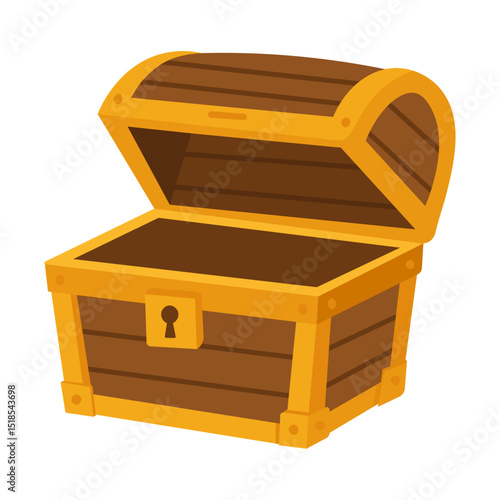 Open wooden treasure chest cartoon. Empty pirate box illustration. Vintage chest clipart.