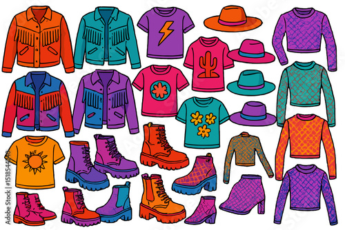 Colorful collection of trendy clothing and accessories perfect for a modern wardrobe refresh during any season