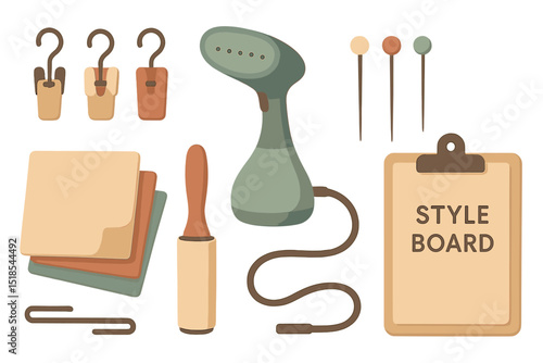 Stationery and crafting supplies displayed on a table featuring a steamer, clips, a roller, and a style board for creative projects