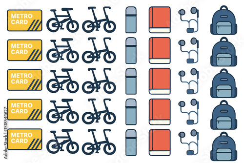 Multiple metro cards, bicycles, backpacks and headphones representing city life and transportation choices