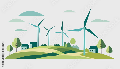 Illustration of wind turbines integrated into a rural  landscape. Powerful windmill. Eco illustration in a flat style